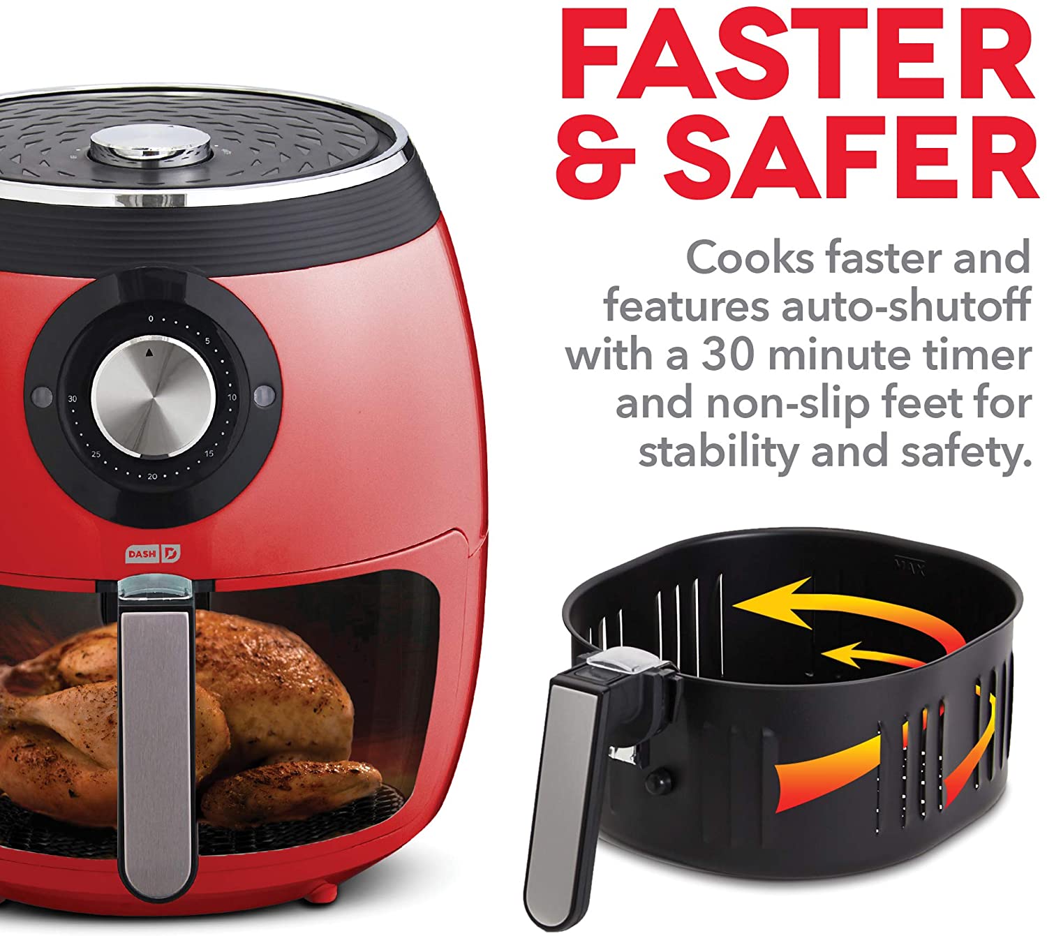 Dash DFAF455GBRD01 Deluxe Electric Air Fryer + Oven Cooker with Temperature Control, Non Stick Fry Basket, Recipe Guide + Auto Shut off Feature, 6qt, Red